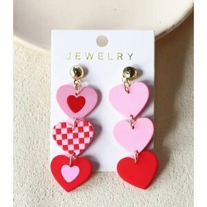 Pink Red Checkered Heart Drop Earrings Valentine's Day Acrylic Dangle Jewelry